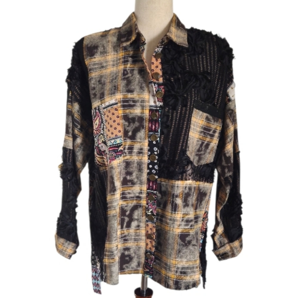 POL Patchwork Shacket Plaid Mesh Lace Button Up Shirt Oversized Size Small